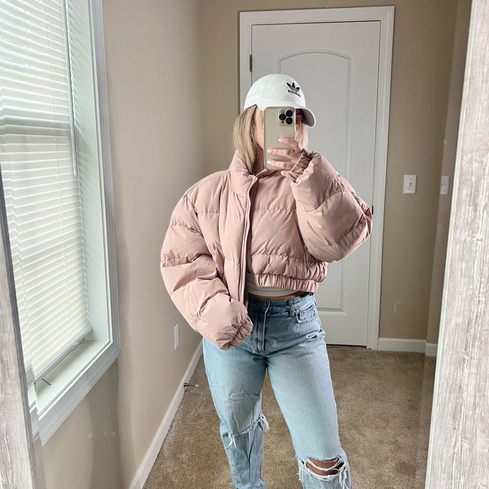 Boohoo Blush Color Puffer Jacket, Oversized, Zip Up Closure